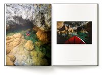 Sample pages of the Lechuguilla Cave showing a caver in a packraft crossing Lake Castrovalva
